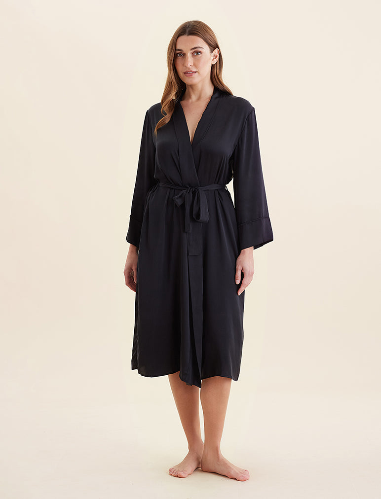 Long black silk dressing gown best sale