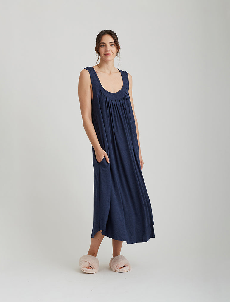 Papinelle | Modal Soft Pleat Front Maxi Nightie in Navy