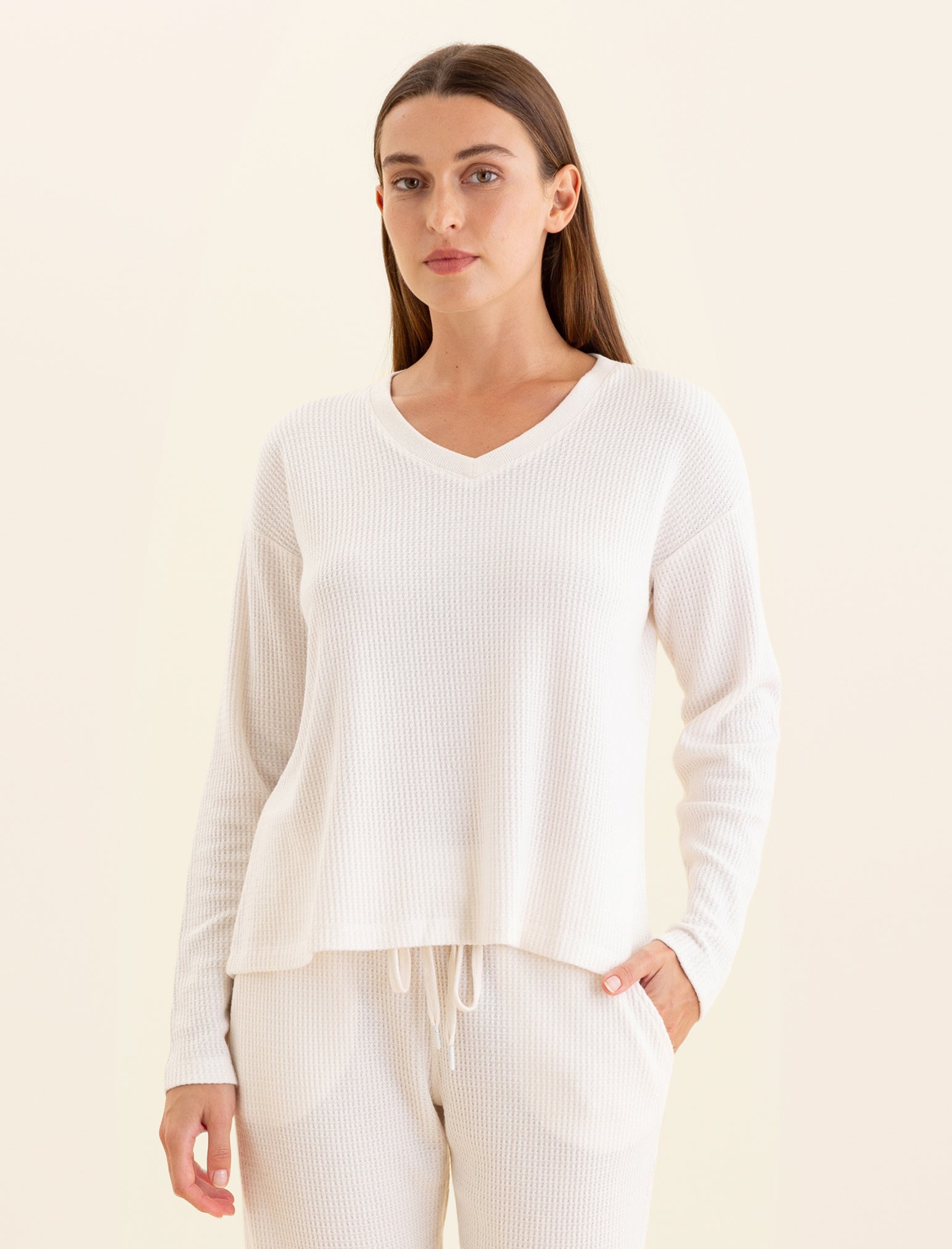 Super Soft Waffle V-Neck LS Top