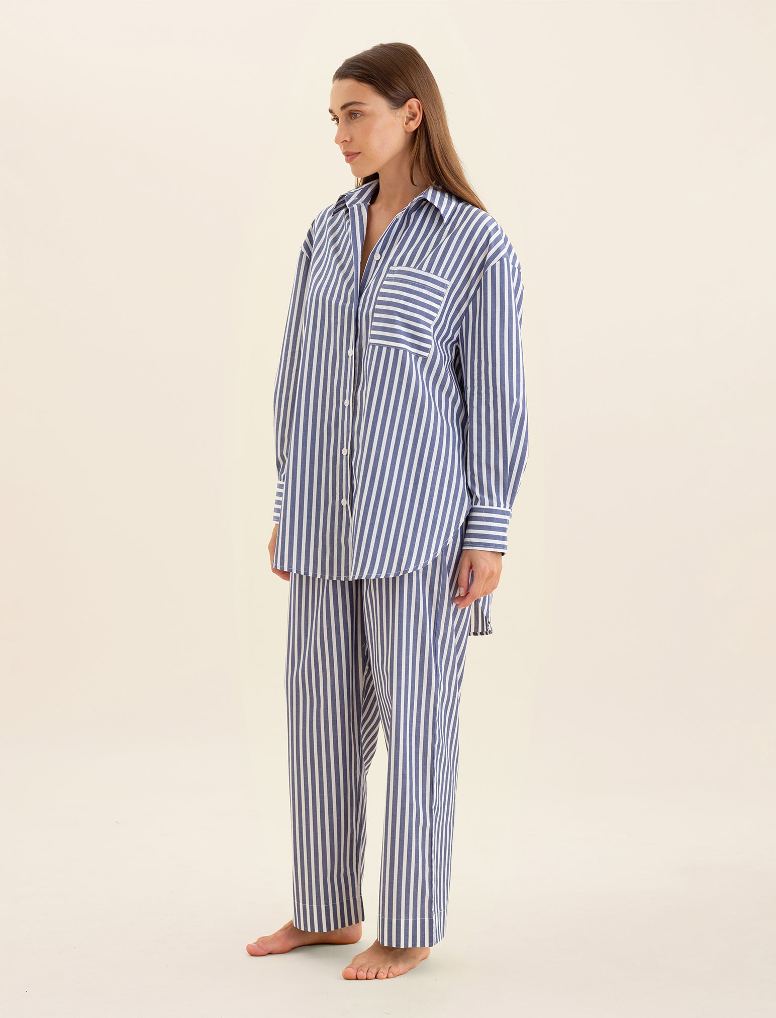 Cotton Stripe Shirting Full Length PJ Set